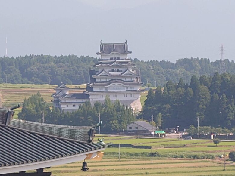 大師山清大寺の五重塔から勝山城博物館を見た景色