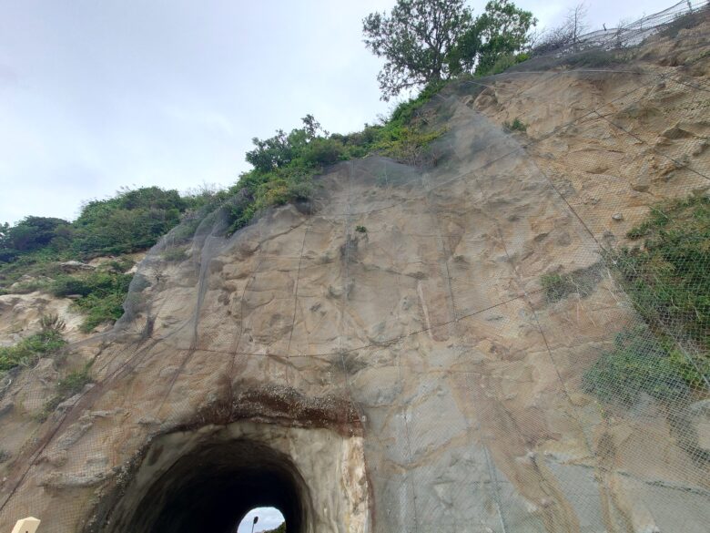 令和6年能登半島地震後の木ノ葉トンネル上部の落石防止ネット