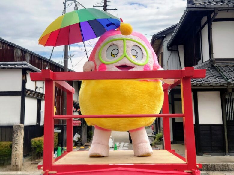 ファンから頂いたレインボーパラソルを手に持つプク丸ちゃん