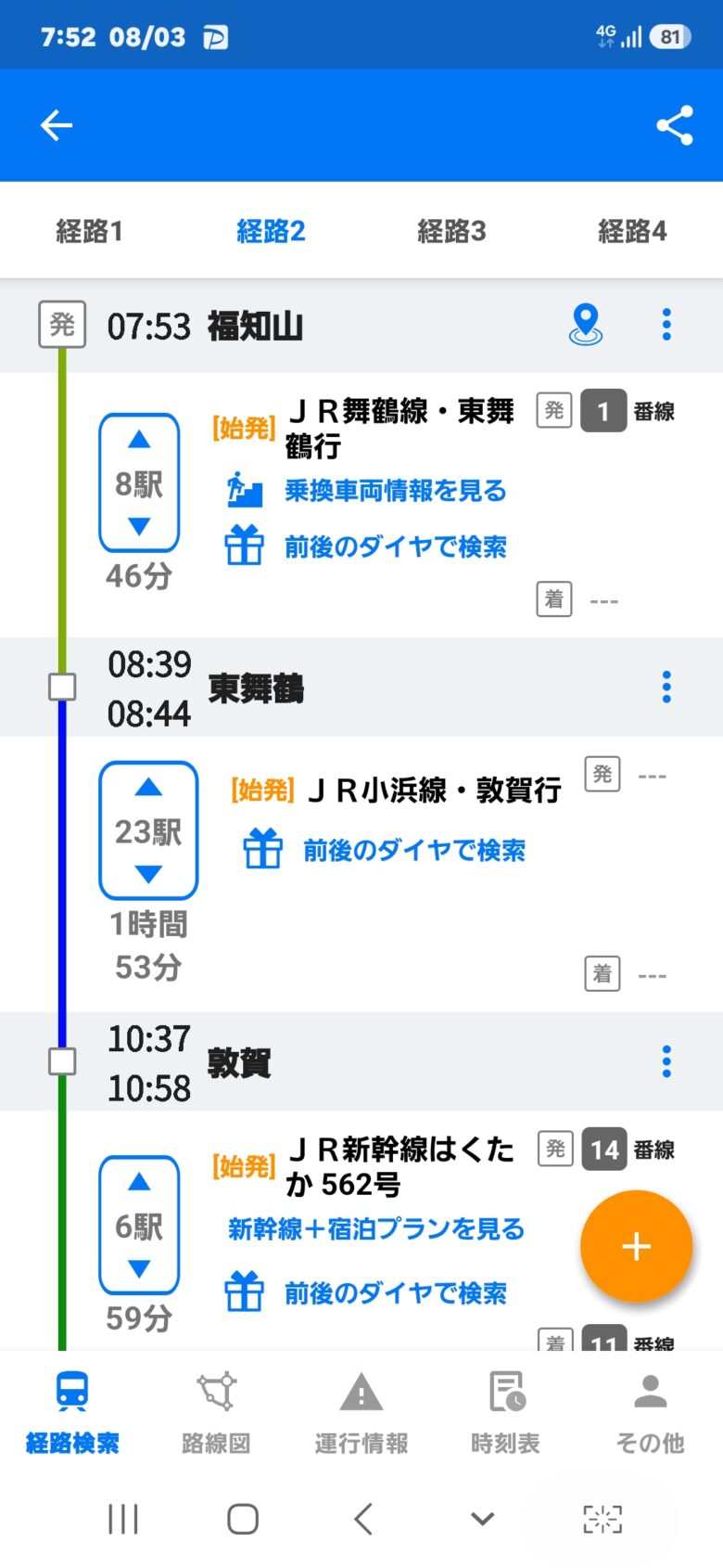 福知山から金沢駅のタイムスケジュール